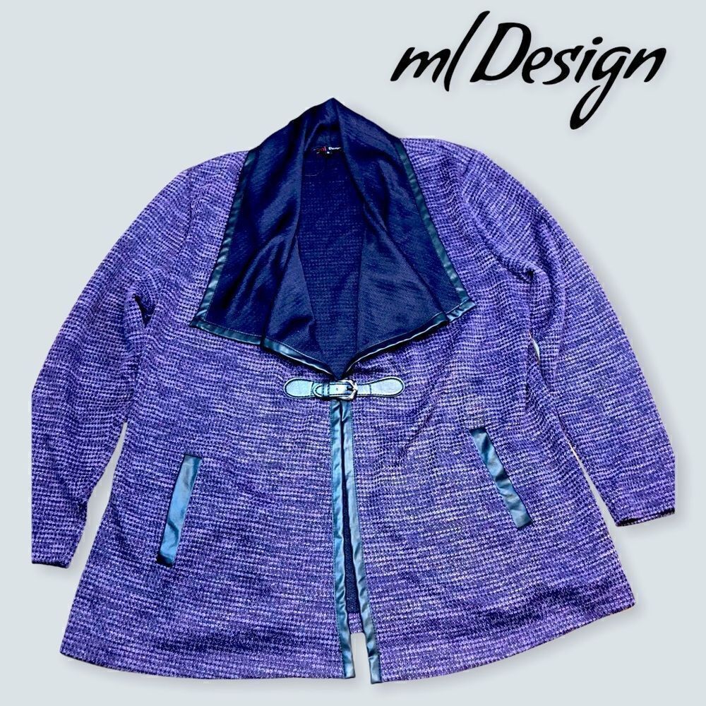 ml Design Knit Purple Cardigan with pockets- faux Leather edging sz 3
